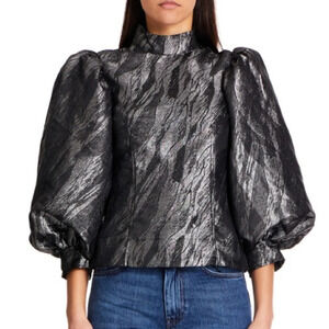 GANNI Metallic Jacquard Brocade Puff Sleeve Top, Black Size 36